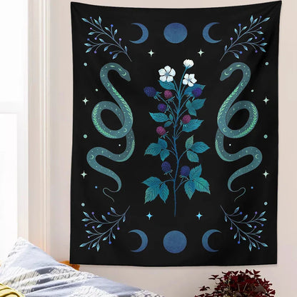 Decobites Moon Phase Wall Hanging Tapestry in Olive Leaf Green & Black - Boho Room Decor