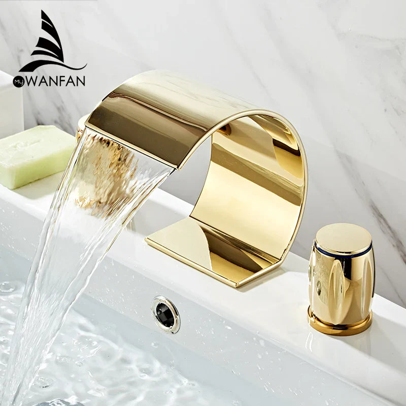 Grifo de Lavabo de Doble Asa en Oro Decorbites™ - Mezclador de Tres Agujeros para Lavabo de Baño