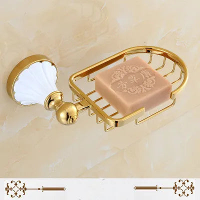 DecorBites™ Gold & White Bathroom Accessories Set: Corner Shelf, Paper Holder, Towel Holder, Toilet Brush Holder, Towel Rack