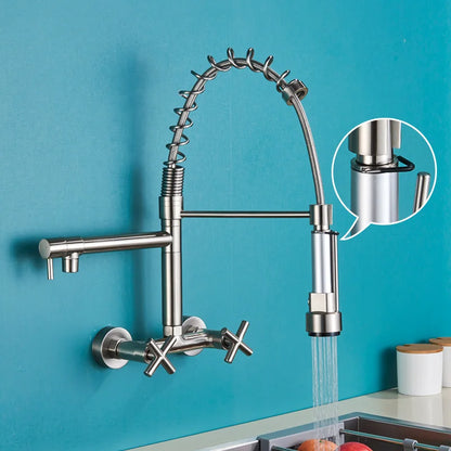 صنبور مطبخ أسود من DecorBites™ مثبت على الحائط مزود بفوهتين دوارتين وخلاط حوض غسيل