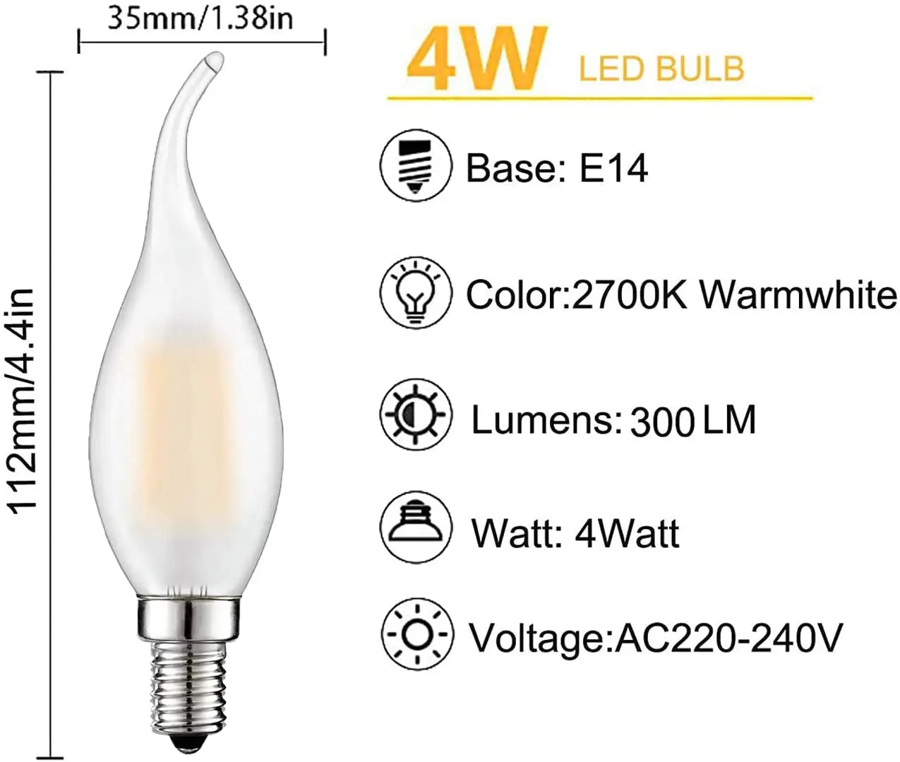 DecorBites™ Dimmable LED Candle Light Bulb, Warm White 2700K, E14 220V, Chandelier Lighting