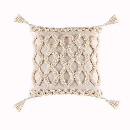 Funda de cojín DecorBites™ con borlas color beige, decoración cuadrada hecha a mano para el hogar, ideal para la sala de estar.