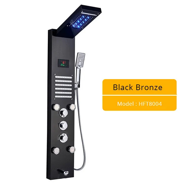 Grifo con panel de ducha y luz LED DecorBites™ con cabezal de ducha tipo cascada y chorros de masaje