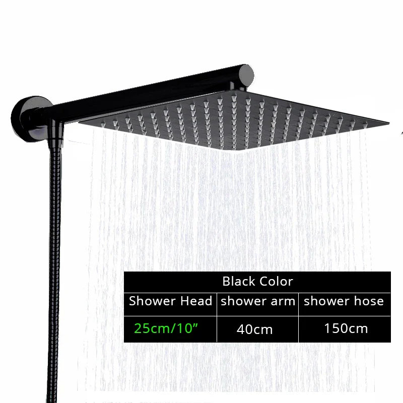 Juego de cabezal de ducha tipo lluvia ultrafino negro DecorBites™ con soporte de brazo, manguera y grifo.