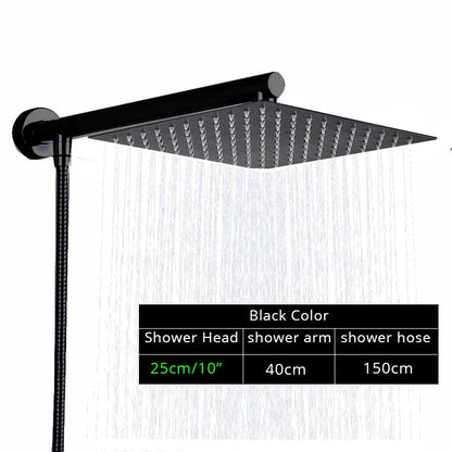 Juego de cabezal de ducha tipo lluvia ultrafino negro DecorBites™ con soporte de brazo, manguera y grifo.