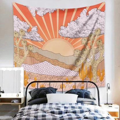 Decobites Mountain Sun Tapestry Sunrise Tree Cactus Wall Hanging Psychedelic Landscape Decor