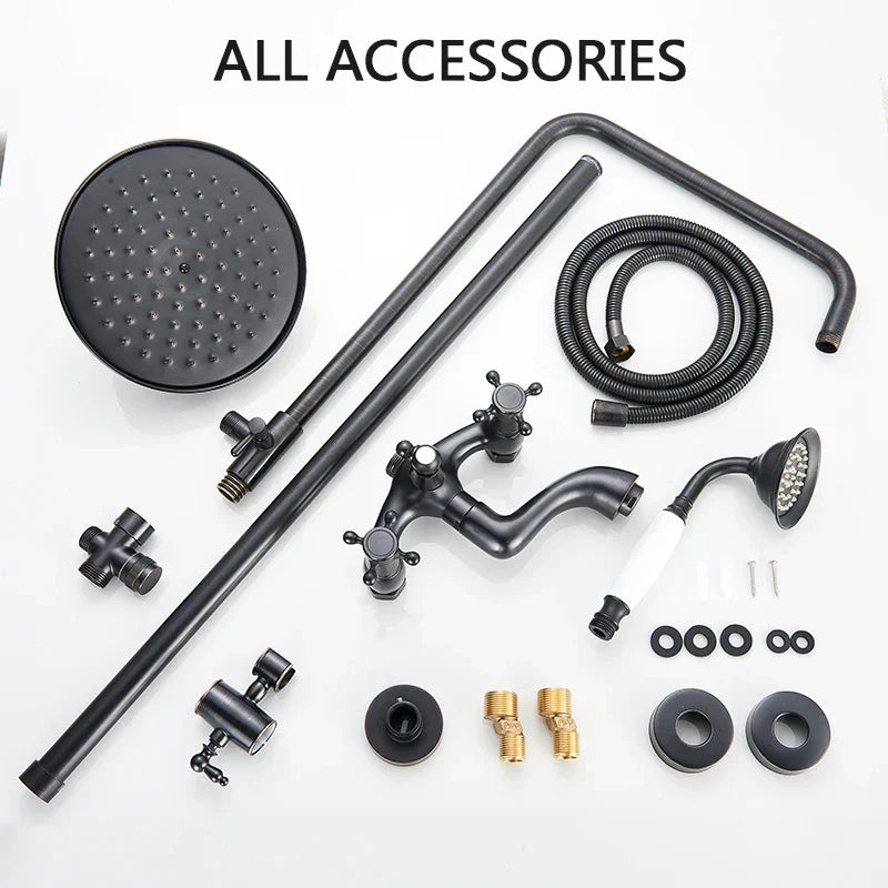 DecorBites™ Black Brass Rainfall Shower Mixer Faucet Set with 8" Showerhead and Handshower
