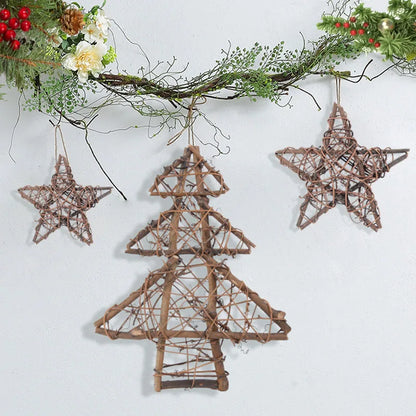 Natural Rattan Vine Stars Treetop Decoration Rattan Christmas Tree Ornament Xmas Floral Wreath Hoop Holder Base Christmas Decor