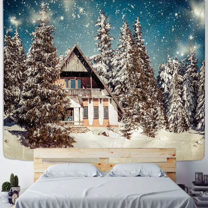 Decobites Christmas Village Wooden House Tapestry Ice and Snow Wall Hanging