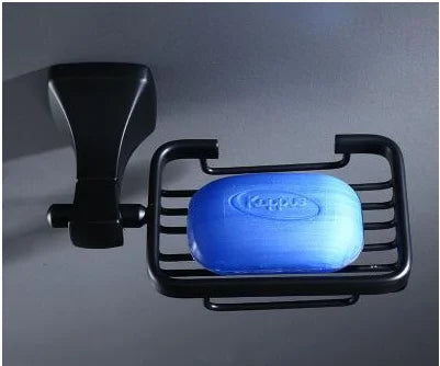 مجموعة أدوات الحمام المصنوعة من الألومنيوم الأسود من DecorBites™: حامل مناشف، حامل ورق، رف زاوية، رف مناشف، حامل فرشاة المرحاض