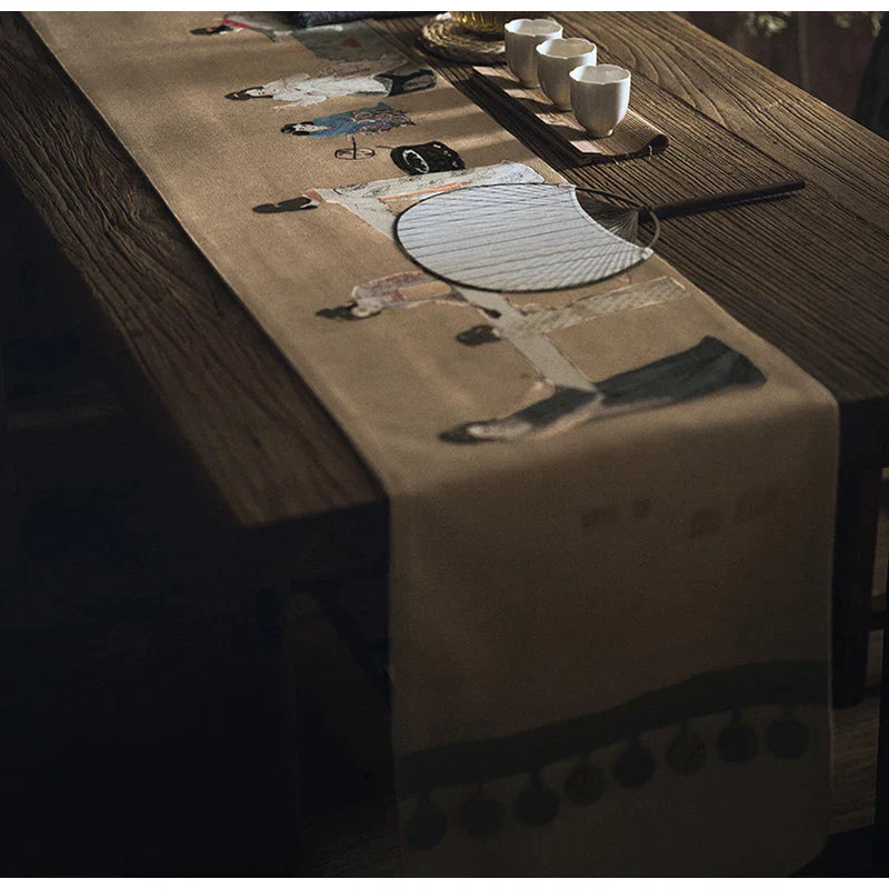 DecorBites™ Chinese Painting Women Print Table Runner Handmade Traditional Chic Decor