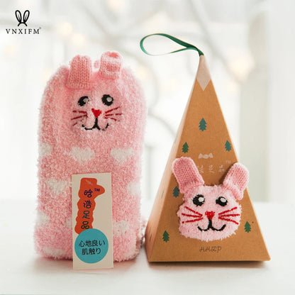 Cute Animal Design Deer Christmas socks Gift 3D Fluffy Coral Velvet Thick Warm Winter Sock For Women new Year gift Sox with Box