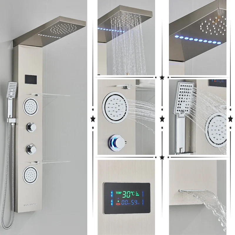 Panel de Ducha en Níquel Cepillado LED Decorbites™ con Pantalla de Temperatura