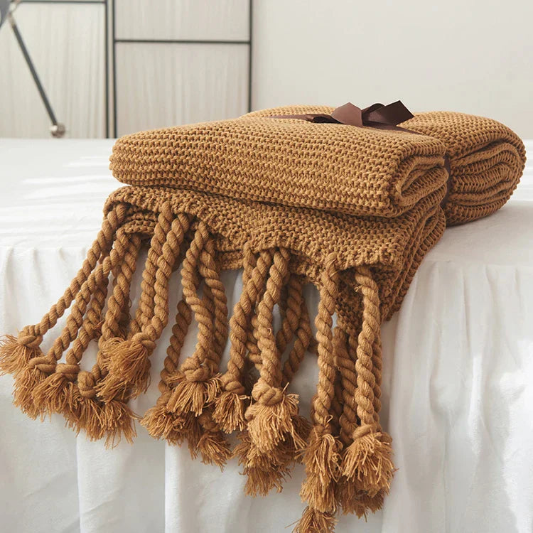 DecorBites™ Knit Throw Blanket Ivory Pink Solid Soft Plaid Tassels 50"x62"