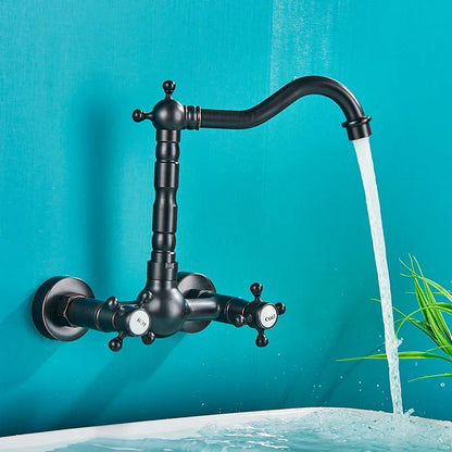 DecorBites™ Antique Brass Basin Faucet Wall Mounted Dual Handles Swivel Spout Mixer Tap