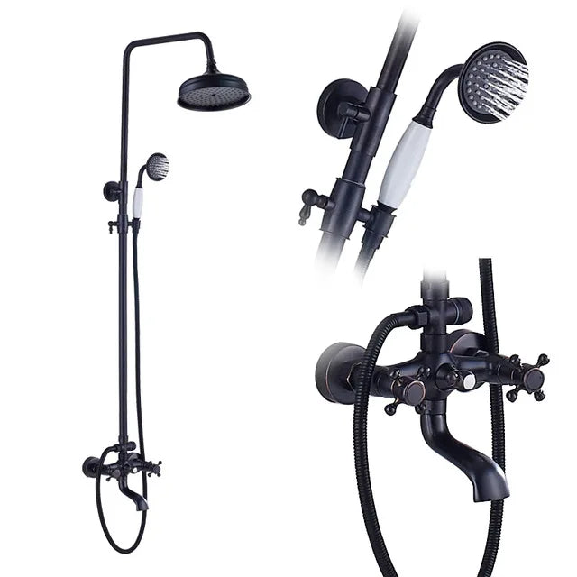 DecorBites™ Black Brass Rainfall Shower Mixer Faucet Set with 8" Showerhead and Handshower
