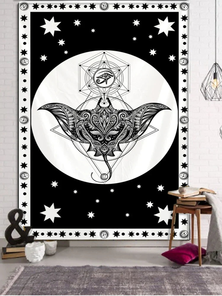 Decobites Black & White Tarot Witchcraft Tapestry | Bohemian Hippie Mandala Wall Decor