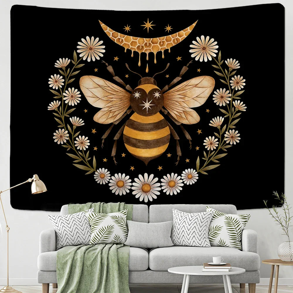 Decobites Psychedelic Bee Tapestry Wall Daisy Flower Home Decor for Bohemian Hippie Vibes