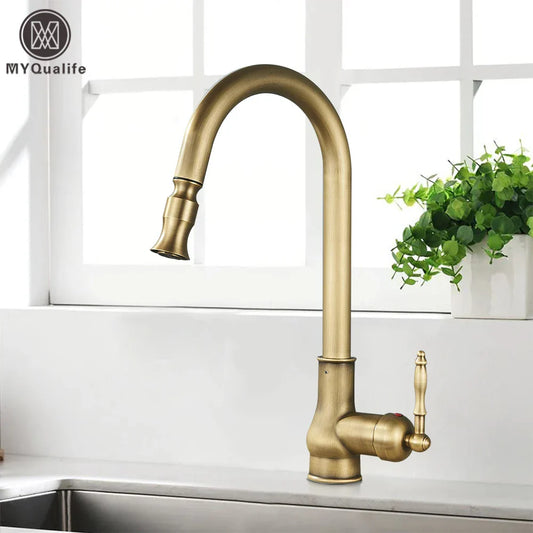 DecorBites™ Antique Brass Kitchen Faucet Swivel Spout Pull Down Hot Cold Mixer