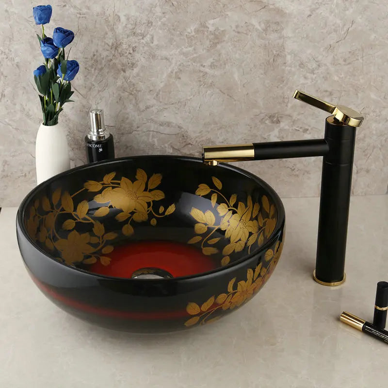 DecorBites™ Black Ceramic Hand-Painted Washbasin with Swivel Brass Faucet