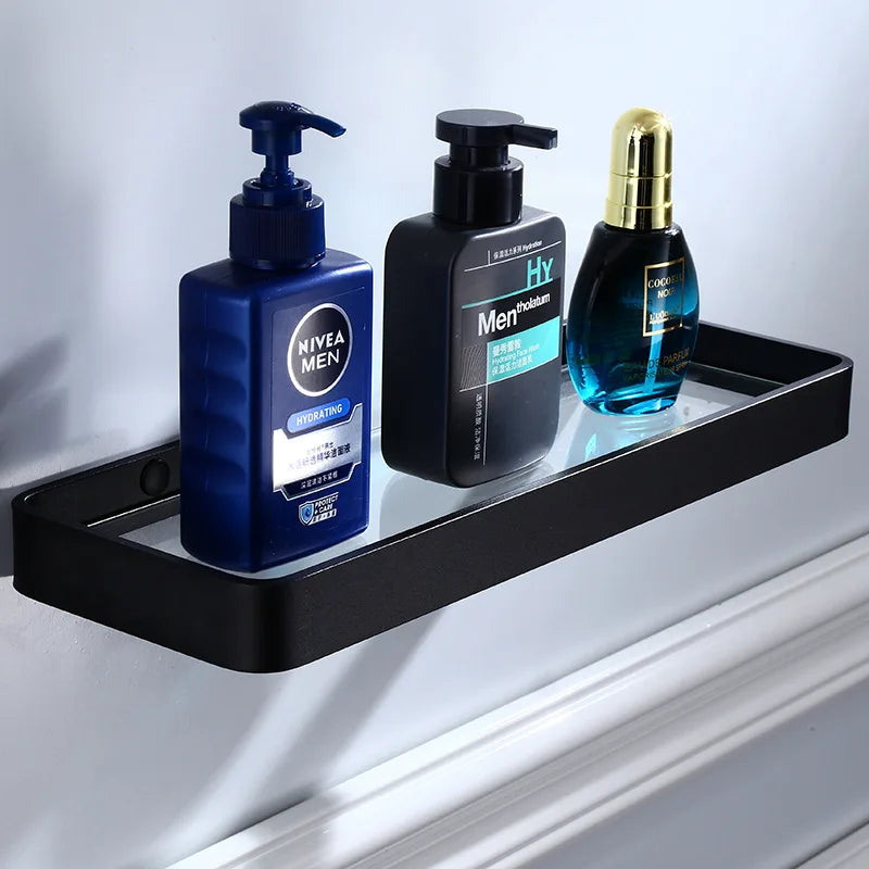DecorBites™ Black Aluminum Glass Shelf 20-45cm Square Bathroom Rack