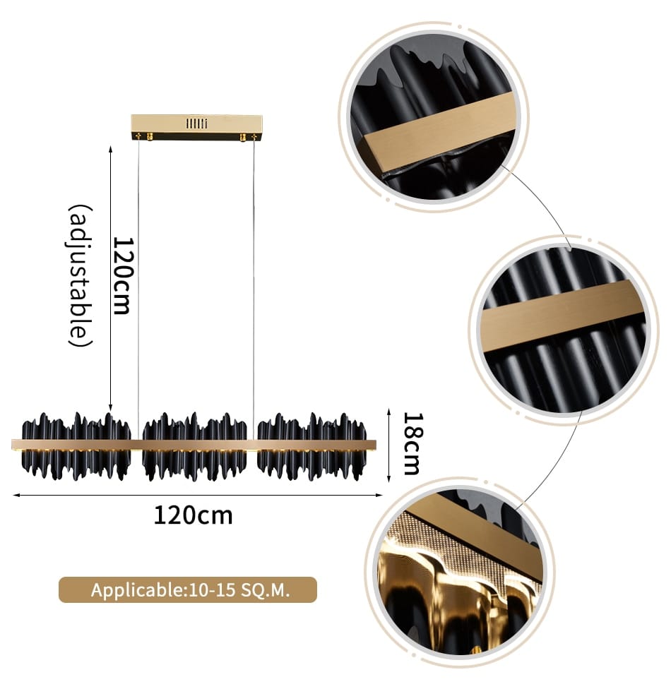 Modern gold and black led chandelier lighting with a sleek wave-like design ideal for dining room use.