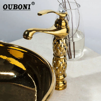 DecorBites™ Golden Plated Bathroom Basin Faucet High Short Style Single Handle Sink Mixer Tap