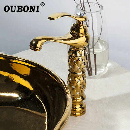 DecorBites™ Golden Plated Bathroom Basin Faucet High Short Style Single Handle Sink Mixer Tap