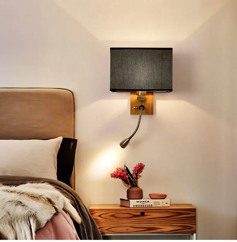 DecorBites™ Chinese Wood LED Wall Lamp for Bedroom Reading, Nordic Fabric Lighting Fixture