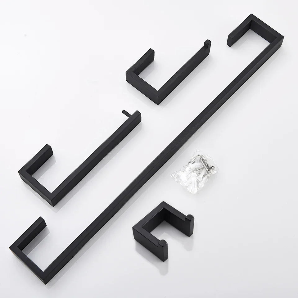 مجموعة أدوات الحمام السوداء من DecorBites™: خطاف رداء، قضيب مناشف، رف، حامل مناديل، منظم فرشاة أسنان
