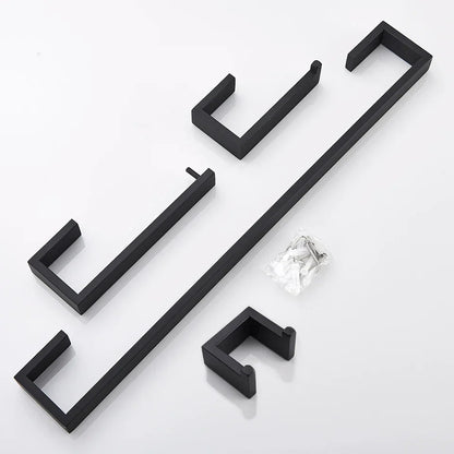 مجموعة أدوات الحمام السوداء من DecorBites™: خطاف رداء، قضيب مناشف، رف، حامل مناديل، منظم فرشاة أسنان