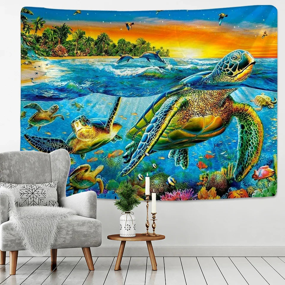 Decobites Rainbow Sea Turtle Dolphin Tapestry Wall Hanging Yoga Mat Beach Towel