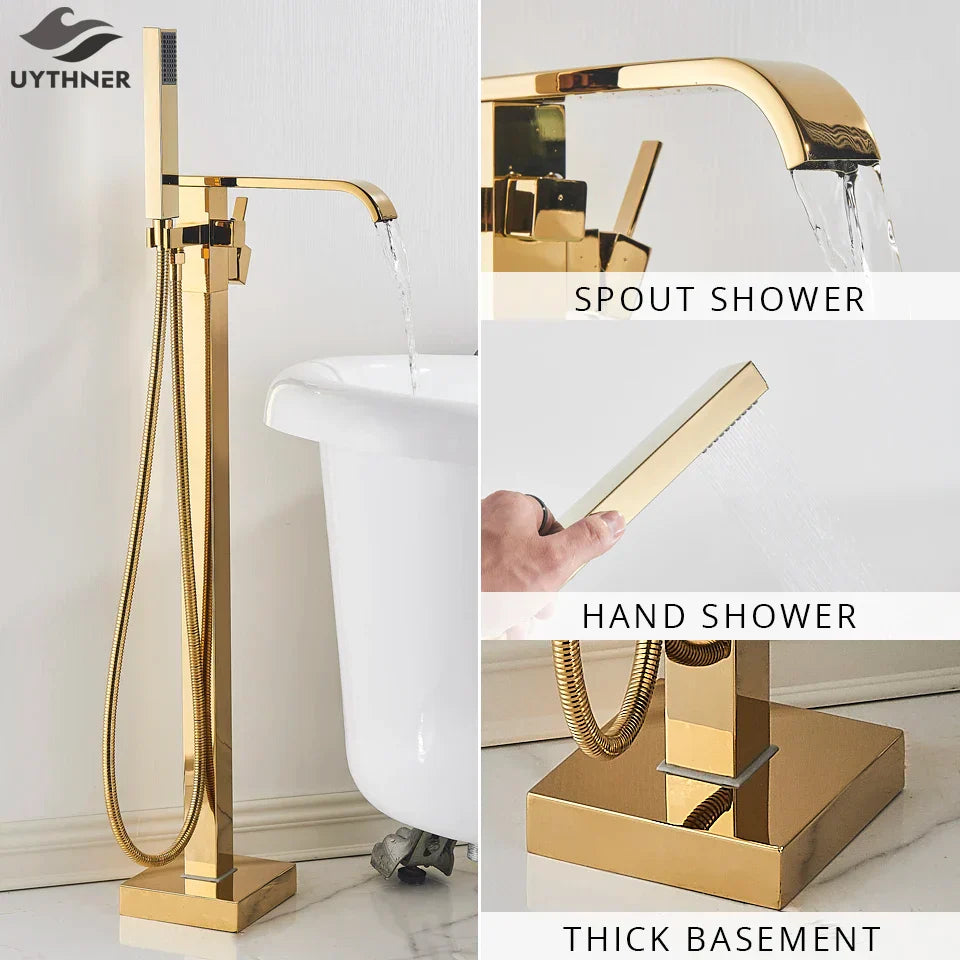 DecorBites™ Gold Bathtub Faucet Set Hot Cold Water Shower Mixer Tap Waterfall Floor Stand