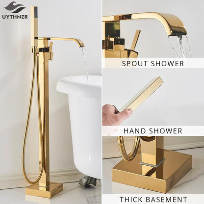 DecorBites™ Gold Bathtub Faucet Set Hot Cold Water Shower Mixer Tap Waterfall Floor Stand