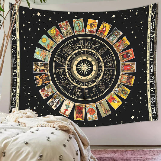 Decobites Tarot Card Tapestry: Zodiac Wheel & Major Arcana Sun Moon Wall Hanging