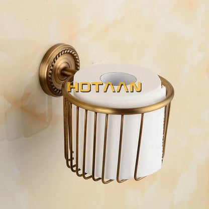 DecorBites™ Brass Bathroom Set: Robe Hook, Paper Holder, Towel Bar, Soap Basket.