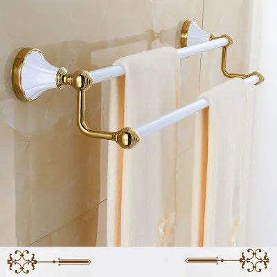 DecorBites™ Gold & White Bathroom Accessories Set: Corner Shelf, Paper Holder, Towel Holder, Toilet Brush Holder, Towel Rack