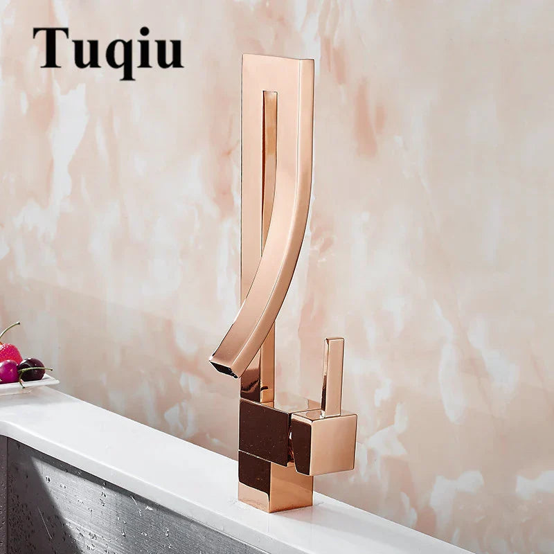 Grifo de lavabo cuadrado de latón dorado Decorbites™ con mango único mezclador de agua caliente y fría