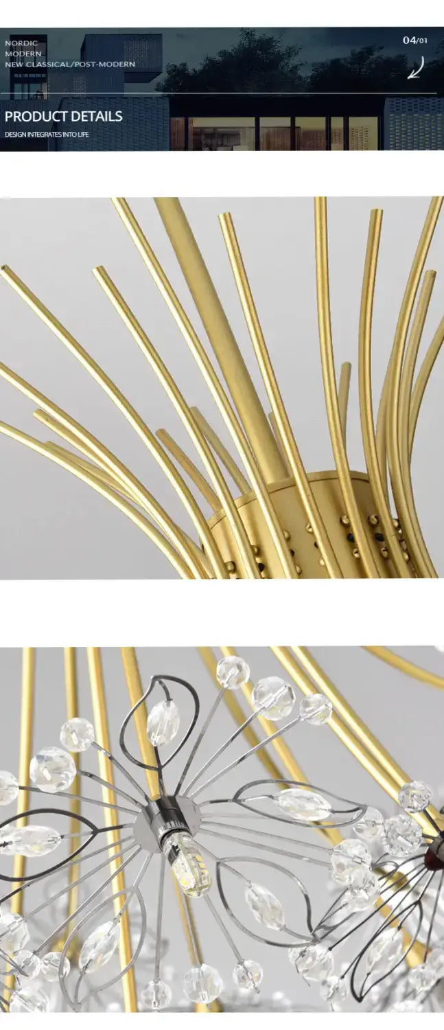 gold floral led flowers chandeliers with a golden metallic structure featuring slender radiating arms and clear crystal accents designed for dining room use.