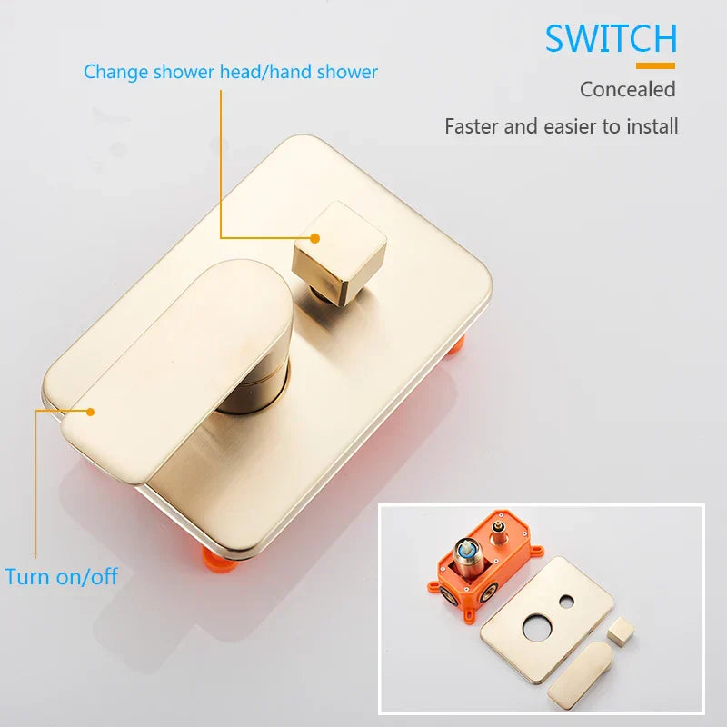 DecorBites™ Brushed Gold Rainfall Shower Set with Single Handle Wall Mounted Mixer