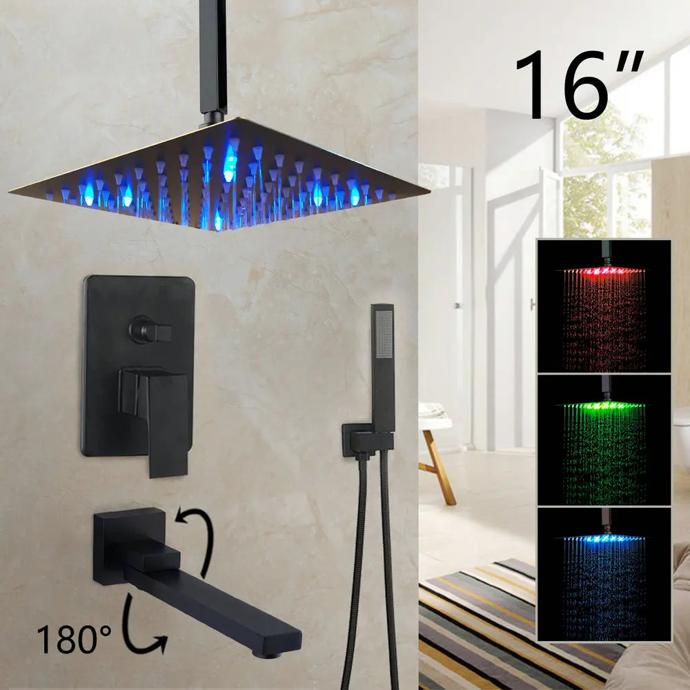DecorBites™ 8/16 Inch Matte Black LED Rainfall Shower Faucet Set