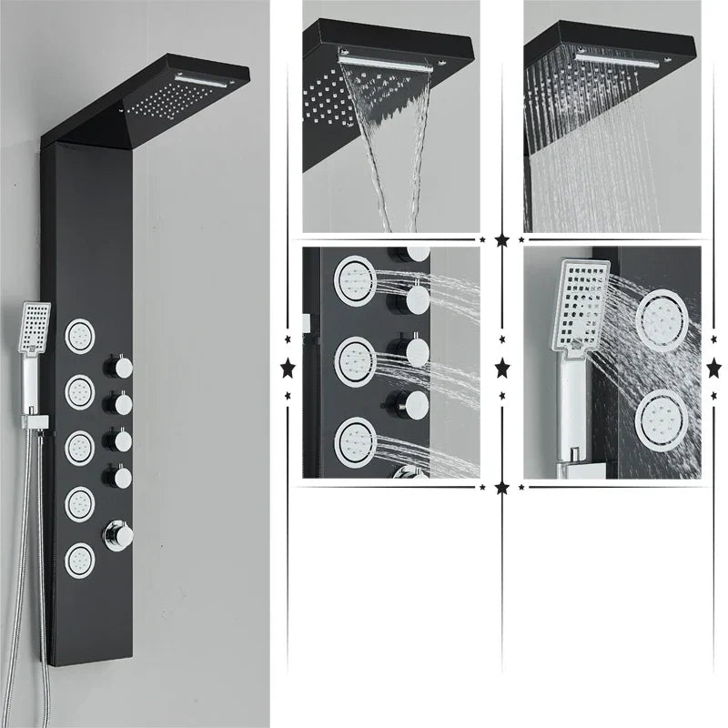 مجموعة دش DecorBites™ Black Rainfall مع نظام تدليك وشاشة درجة الحرارة