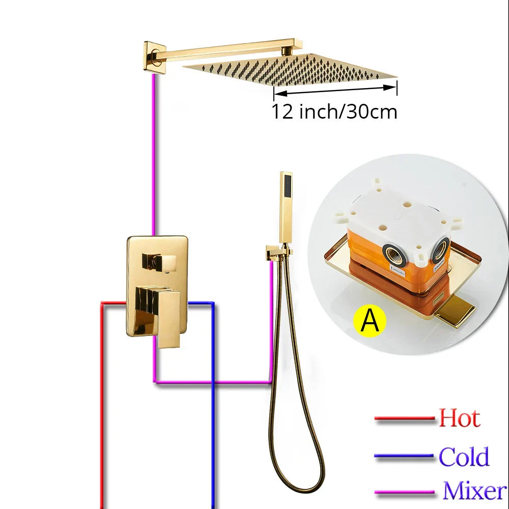 DecorBites™ Gold Bath Rain Shower Wall Concealed Faucet Set
