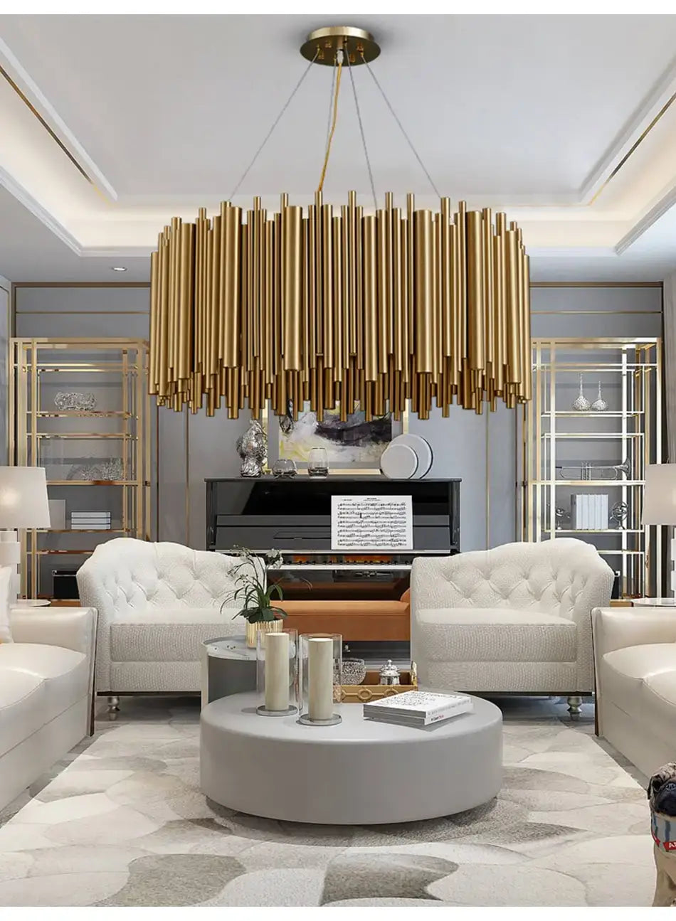 Luxury modern round gold chandelier featuring a golden cylindrical sculptural design hanging from the ceiling for living room use.
