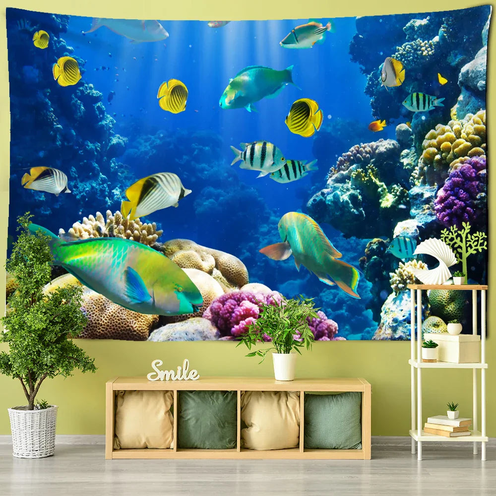 Decobites Underwater World Fish Tapestry: Psychedelic Marine Animal Wall Hanging