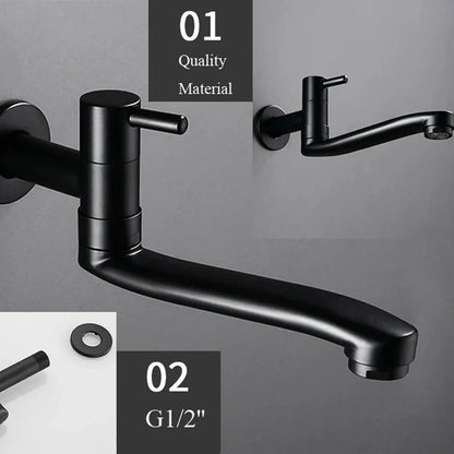 صنبور مطبخ دوار من الفولاذ المقاوم للصدأ باللون الأسود من DecorBites™، يدور 360 درجة، مثبت على الحائط