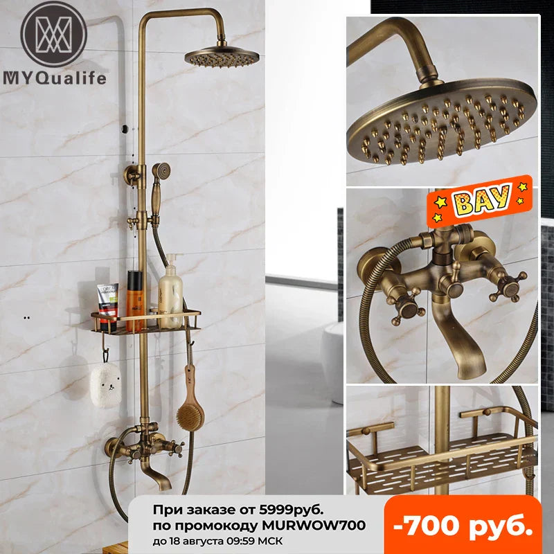 DecorBites™ Brass Wall Mount Bathtub Faucet with Shelf, Dual Handle Shower Set