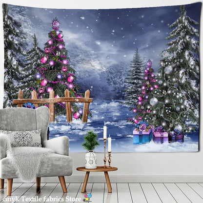 Decobites Christmas Tree Snowman Tapestry - Natural Snow Scene Oil Painting Hippie Decor