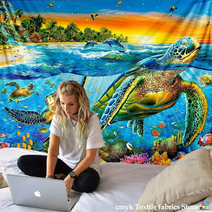 Decobites Rainbow Sea Turtle Dolphin Tapestry Wall Hanging Yoga Mat Beach Towel