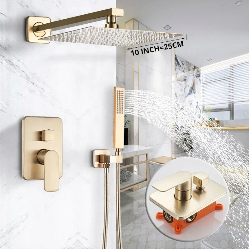 Juego de grifería para ducha tipo lluvia DecorBites™ Golden de 8" con teleducha - Grifo mezclador de lujo para montaje en pared